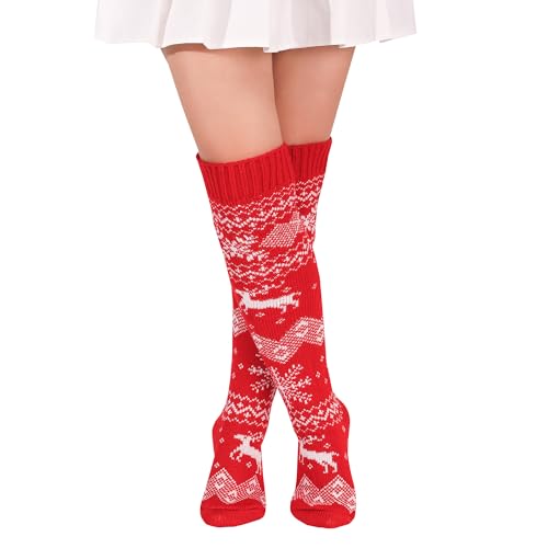 Kniestrümpfe Damen Strick Strümpfe Overknee Socken Dicke Warme Überknie Trachtenstrümpfe Grobstrick Wintersocken Thermosocken Lange Weihnachtssocken für Frauen (Xmas-Rot) von FGFD&OU