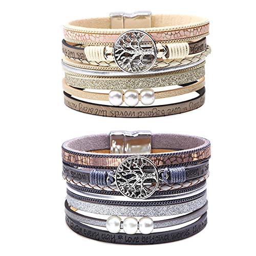 Lederarmband Damen Herren Leder Wickelarmbänder Baum des Lebens Armband mit Magnetverschluss aus Edelstah Bracelet für Frauen & Mädchen (Beige + Grau) von FGFD&OU