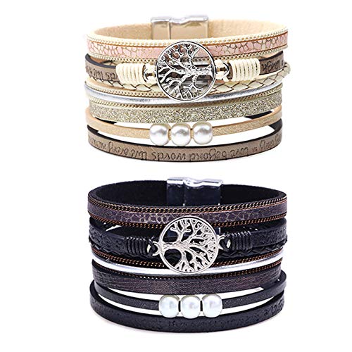 Lederarmband Damen Herren Leder Wickelarmbänder Baum des Lebens Armband mit Magnetverschluss aus Edelstah Bracelet für Frauen & Mädchen (Beige + Schwarz) von FGFD&OU