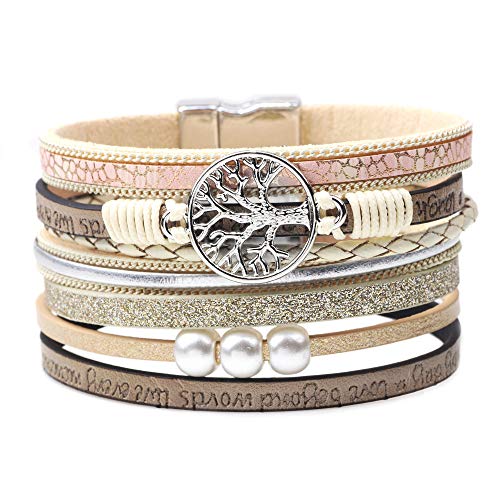 Lederarmband Damen Leder Wickelarmbänder Baum des Lebens Armband mit Magnetverschluss aus Edelstah Bracelet für Frauen & Mädchen (Z-Beige) von FGFD&OU