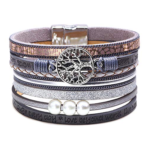 Lederarmband Damen Leder Wickelarmbänder Baum des Lebens Armband mit Magnetverschluss aus Edelstah Bracelet für Frauen & Mädchen (Z-Grau) von FGFD&OU