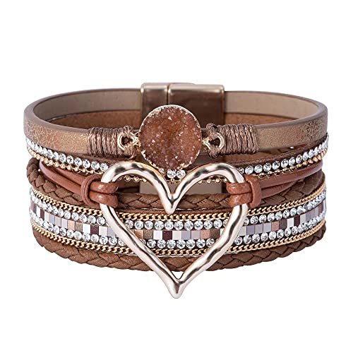 Lederarmband Damen Leder Wickelarmbänder Baum des Lebens Armband mit Magnetverschluss aus Edelstah Bracelet für Frauen & Mädchen (Braun) von FGFD&OU