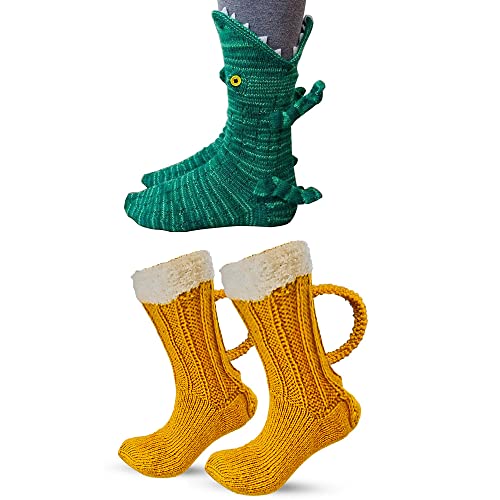 FGFD&OU Lustige Socken Herren Damen Bunte Stricksocken Winter Dicke Warme Socken Unisex Kuschel Thermosocken Grobstrick Weihnachtssocken für Männer und Frauen (A-Gelb+Krokodil, 34-39) von FGFD&OU