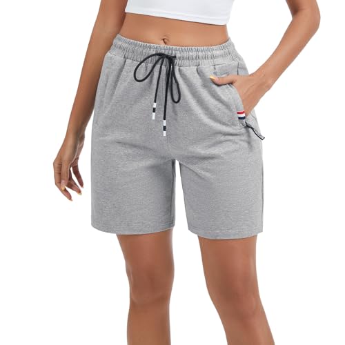 Shorts Damen Baumwolle Kurz Jogginghose Sporthose Sommerhose Sweathose Atmungsaktive Laufshorts Trainingshose zum Fitness Gym Running Sommer für Frauen (Lichtgrau, L) von FGFD&OU