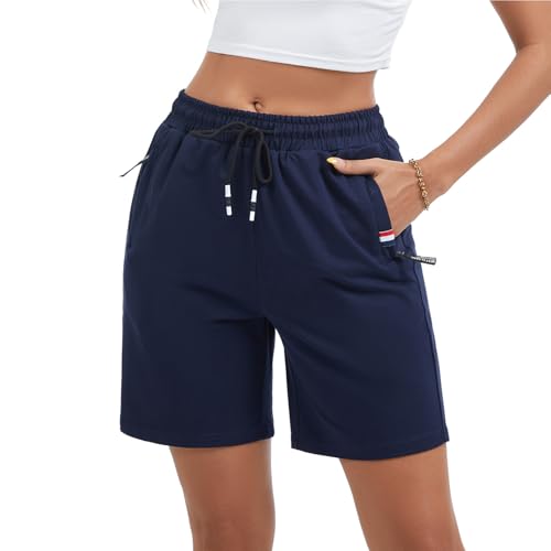 Shorts Damen Baumwolle Kurz Jogginghose Sporthose Sommerhose Sweathose Atmungsaktive Laufshorts Trainingshose zum Fitness Gym Running Sommer für Frauen (Navyblau, L) von FGFD&OU