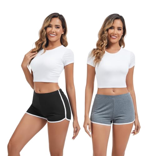 Shorts Damen Baumwolle Yoga Tanz Kurz Sporthose Jogginghose Sommerhose Sweathose Atmungsaktive Laufshorts Trainingshose zum Fitness Gym Running für Frauen (Schwarz+Dunkelgrau, L) von FGFD&OU