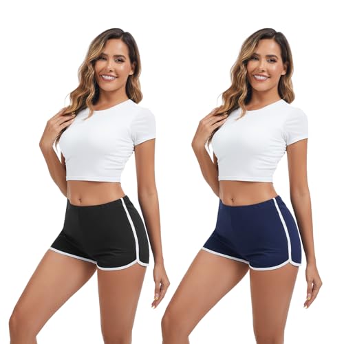 Shorts Damen Baumwolle Yoga Tanz Kurz Sporthose Jogginghose Sommerhose Sweathose Atmungsaktive Laufshorts Trainingshose zum Fitness Gym Running für Frauen (Schwarz+Navyblau, M) von FGFD&OU