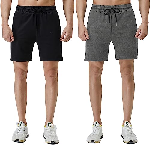 Shorts Herren Baumwolle Kurz Hosen Jogginghose Kurze Sporthose Sommerhose Sweathose Atmungsaktive Laufshorts Trainingshose zum Fitness Running Gym Basketball Yoga für Sommer (Schwarz+Tiefgrau, L) von FGFD&OU