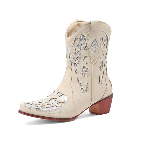FGRID Cowgirl-Stiefeletten für Damen mittlerer Wade, modische Western-Stiefeletten quadratischer Zehenpartie und Stickerei, Winterstiefel klobigem Absatz und Snip-Toe-Zehenpartie,Beige,41 von FGRID
