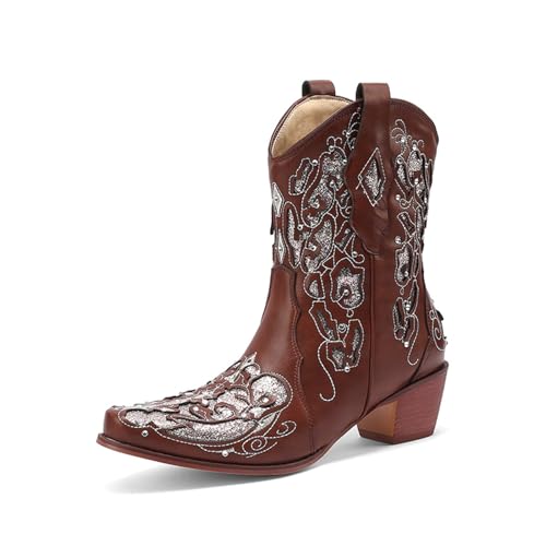 FGRID Cowgirl-Stiefeletten für Damen mittlerer Wade, modische Western-Stiefeletten quadratischer Zehenpartie und Stickerei, Winterstiefel klobigem Absatz und Snip-Toe-Zehenpartie,Braun,40 von FGRID