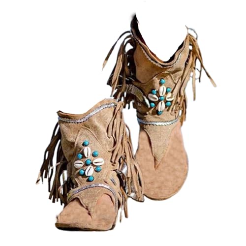 FGRID Damen-Flip-Flops mit Quasten, modische, flache Clip-Toe-Sandalen aus Wildleder, Sommer-High-Top-Tanga, Strand-Knöchelsandalen mit Fransen,Beige,40 von FGRID