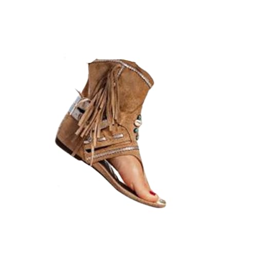 FGRID Damen-Flip-Flops mit Quasten, modische, flache Clip-Toe-Sandalen aus Wildleder, Sommer-High-Top-Tanga, Strand-Knöchelsandalen mit Fransen,Braun,38 von FGRID