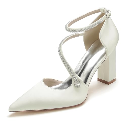 FGRID Damen-Hochzeitspumps mit klobigem High-Heel, modische Spitze Zehenpartie, seitlich Ausgeschnittene Strasssteine Brautschuhe Party Abend Abschlussball Kleid Sandalen,Elfenbein,40 von FGRID