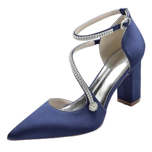 FGRID Damen-Hochzeitspumps mit klobigem High-Heel, modische Spitze Zehenpartie, seitlich Ausgeschnittene Strasssteine Brautschuhe Party Abend Abschlussball Kleid Sandalen,Marine,38 von FGRID