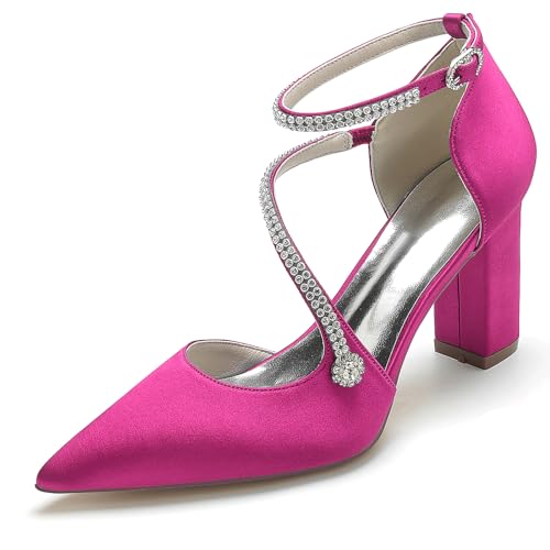 FGRID Damen-Hochzeitspumps mit klobigem High-Heel, modische Spitze Zehenpartie, seitlich Ausgeschnittene Strasssteine Brautschuhe Party Abend Abschlussball Kleid Sandalen,Rose,38 von FGRID