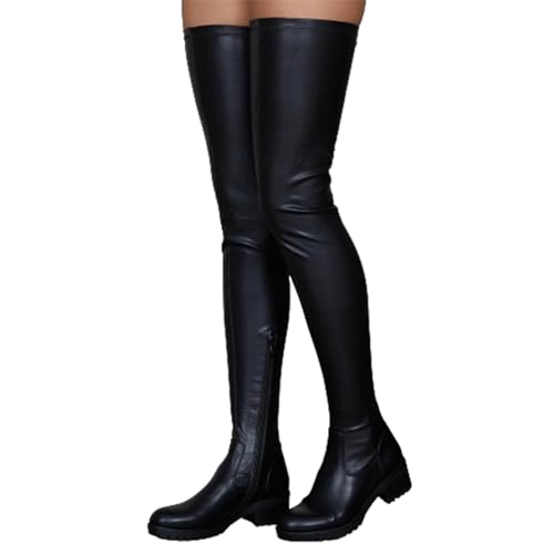 FGRID Damen-Oberschenkelhohe Overknee-Stiefel, modische Kunstleder-Stiefel mit niedrigem Absatz und seitlichem Reißverschluss, große Winter-warme Leder-Ritterstiefel,Black single,42 von FGRID