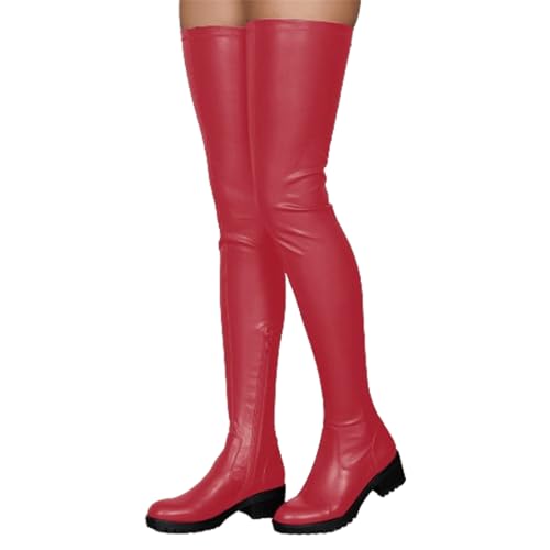 FGRID Damen-Oberschenkelhohe Overknee-Stiefel, modische Kunstleder-Stiefel mit niedrigem Absatz und seitlichem Reißverschluss, große Winter-warme Leder-Ritterstiefel,Red Single,47 von FGRID