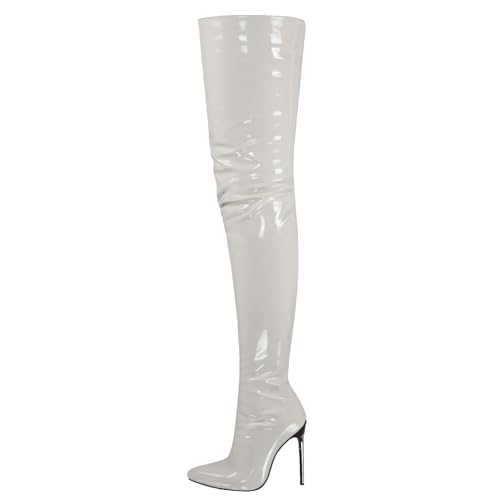 FGRID Damen-Overknee-Stiefel aus Lackleder, modische künstliche PU-Stiletto-High-Heel-Stiefel, sexy Stretch-Nachtclub-Langstiefel mit seitlichem Reißverschluss,Weiß,46 von FGRID
