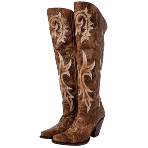 FGRID Overknee-Cowboystiefel für Damen, Retro-Stiefel mit quadratischer Zehenpartie und Stickereien bis zur Mitte der Wade, Winterstiefel aus Leder im Used-Look Kunstfellfutter,Braun,37 von FGRID