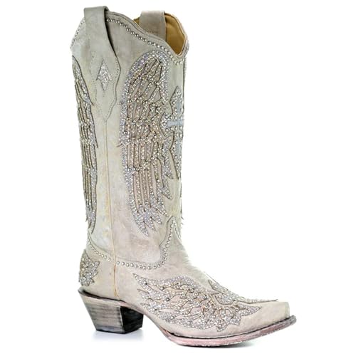 FGRID Western-Cowboystiefel für Damen, modischer, glitzernder, breiter Waden-Cowgirl-Stiefel mit spitzer Zehenpartie, bestickter Winter-Snip-Toe-Stiefel mit Blockabsatz,Weiß,39 von FGRID
