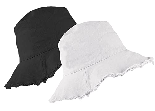 Bucket-Hat Sonnenhut im Used-Look, gewaschene Baumwolle, Strandhut – Sommer breite Krempe (8,1 cm Krempe) Strandkappe (Größe: S-M), Weiß + Schwarz, 2 Stück, Medium von FGSS