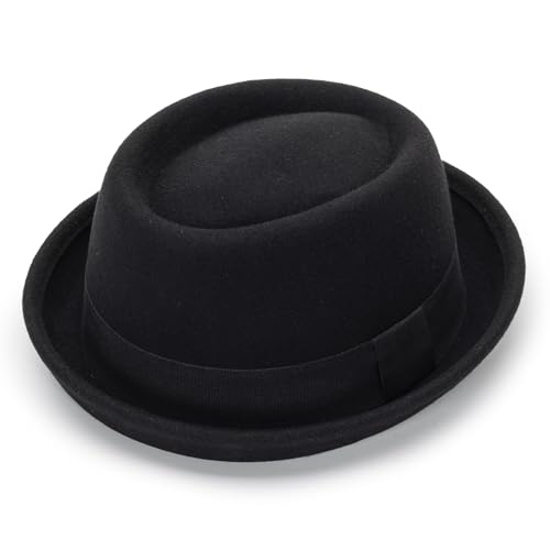 Pork Pie Hut Wollfilz Bowler Porkpie Bootsfahrer Derby Fedora Hut für Männer Frauen, Schwarz, Medium von FGSS