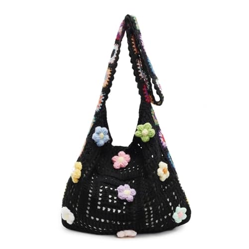 FGUJSUR Damen Blumen Häkelhandtasche Kapazität Stricktasche Stilvolle Strick-Umhängetasche(Black) von FGUJSUR