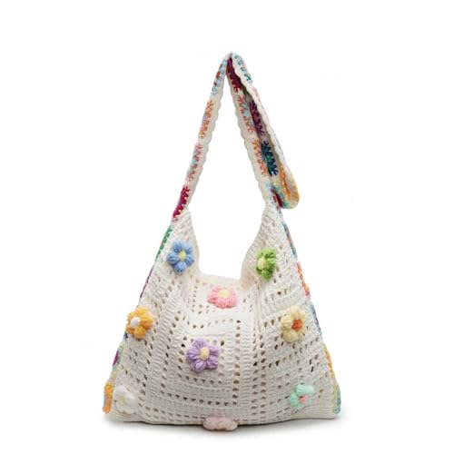 FGUJSUR Damen Blumen Häkelhandtasche Kapazität Stricktasche Stilvolle Strick-Umhängetasche(White) von FGUJSUR