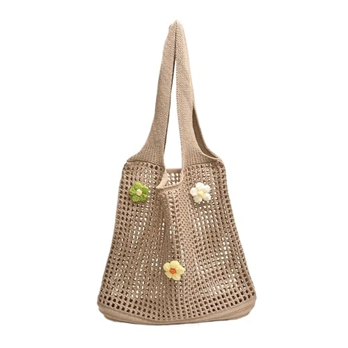 FGUJSUR Damen Stricktasche Gehäkelte Schultertasche mit Blumendekor Mode Tote Handtaschen(Khaki) von FGUJSUR