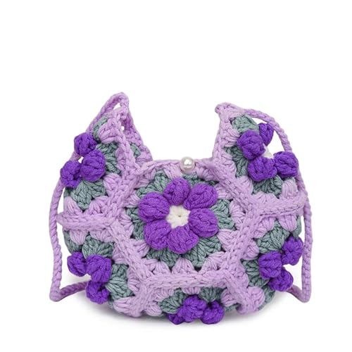 FGUJSUR Dreidimensionale Puffblume Ein-Schulter-Crossbody-Halbmondtasche Reine handgemachte Tasche(Purple) von FGUJSUR