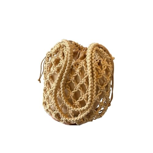 FGUJSUR Eimer Schultertasche Handarbeit Aushöhlen Baumwolle Seil Häkeltasche Kleine Handtasche for Frauen(Khaki) von FGUJSUR
