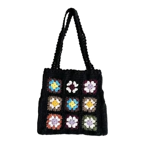 FGUJSUR Gewebte Tote Strand Handtasche Floral handgemachte Weben Schulter häkeln Tasche(Black) von FGUJSUR