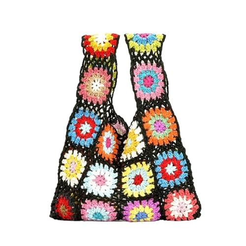 FGUJSUR Häkeln Blume Plaid Frauen Handtaschen Gewebt Kleine Tote Geldbörsen Casual Strand Tasche(Black) von FGUJSUR