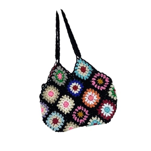 FGUJSUR Handgemachte Häkelarbeit Blumen Einkaufstasche Frauen Große Kapazität Gestrickte Tasche Trendy Vintage(Black) von FGUJSUR