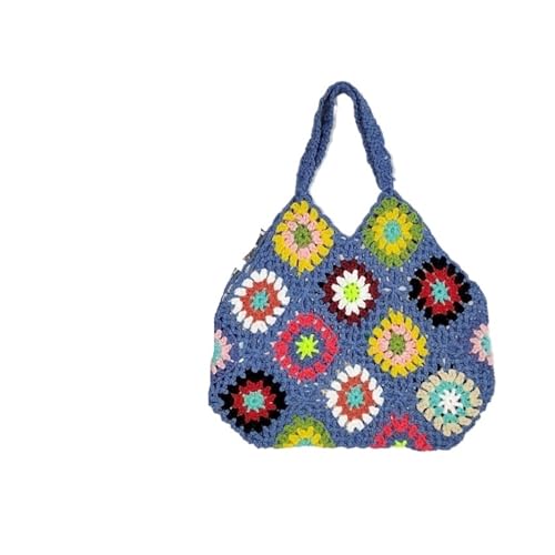 FGUJSUR Handgemachte Häkelarbeit Blumen Einkaufstasche Frauen Große Kapazität Gestrickte Tasche Trendy Vintage(Blue) von FGUJSUR