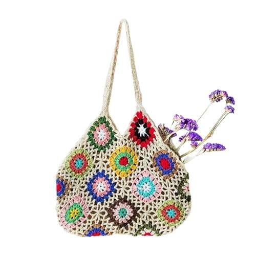 FGUJSUR Handgemachte Häkelarbeit Blumen Einkaufstasche Frauen Große Kapazität Gestrickte Tasche Trendy Vintage(Khaki) von FGUJSUR