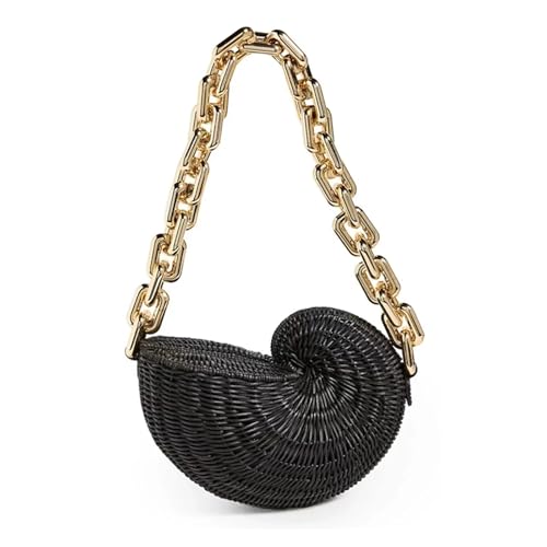 FGUJSUR Muschel Tasche Conch Rattan Handtaschen Shell Stroh Taschen for Frauen Dicke Ketten Schulter Tasche Wicker Woven Strand Designer Tasche Tote Damen(Black) von FGUJSUR