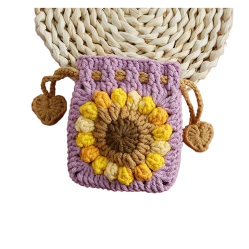 FGUJSUR Sonnenblumen Häkeln Geldbörse Gestrickt Mini Kordelzug Damen Tasche Schlüssel Ring Geeignet(Purple) von FGUJSUR