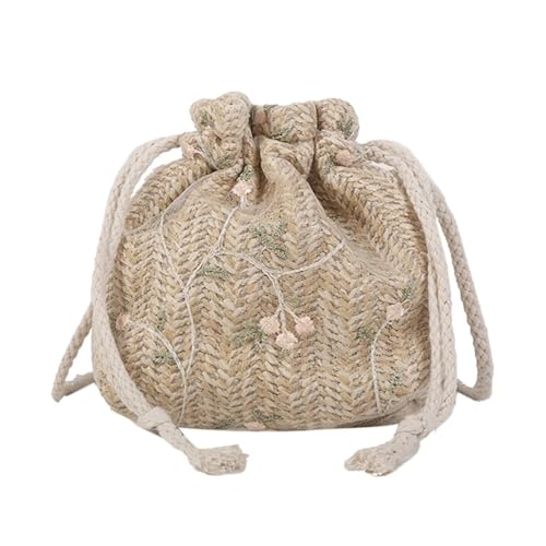 FGUJSUR Stroh Woven Messenger Handtaschen Strand Blume Stickerei Stricken Frauen Kordelzug(Brown) von FGUJSUR