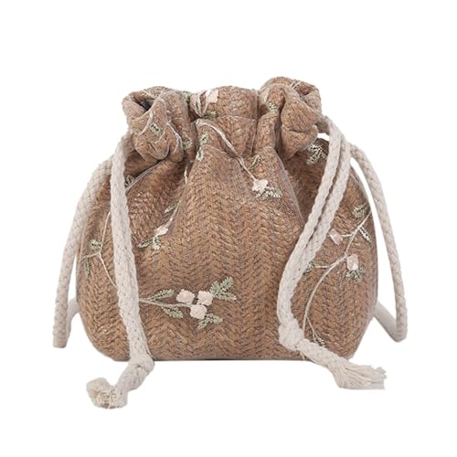 FGUJSUR Stroh Woven Messenger Handtaschen Strand Blume Stickerei Stricken Frauen Kordelzug(Dark Brown) von FGUJSUR