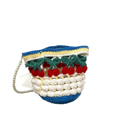 FGUJSUR Süße Häkel-Handtasche mit Blumenmuster, Handytasche, Damen-Umhängetasche Perlenkette, MiniFashion, gestrickte Eimer-Umhängetasche for Damen und Mädchen(Blue) von FGUJSUR