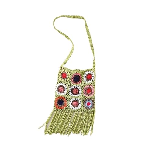 Weibliche Granny Square Häkeln Floral Öse Fransen Klappe Seite Sling Schulter Tasche Handtasche(Green) von FGUJSUR