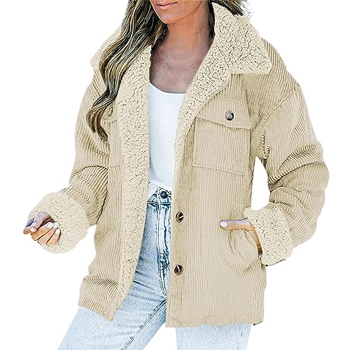 Cordjacke Damen Fleecejacke Gefüttert Winterjacke Button Down Corduroy Hemdjacke Wintermantel Revers Cordhemd Outdoor Jacken Langarm Trucker Jacke Übergangsjacke Freizeitjacke Bomberjacke Bikerjacke von FGUUTYM