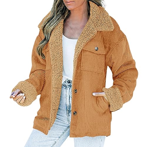 Cordjacke Damen Fleecejacke Gefüttert Winterjacke Button Down Corduroy Hemdjacke Wintermantel Revers Cordhemd Outdoor Jacken Langarm Trucker Jacke Übergangsjacke Freizeitjacke Bomberjacke Bikerjacke von FGUUTYM