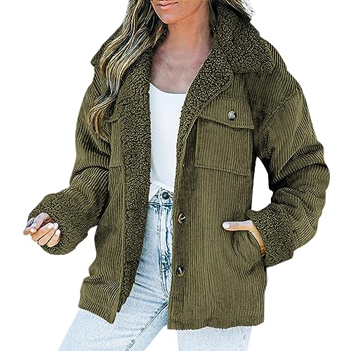 Cordjacke Damen Fleecejacke Gefüttert Winterjacke Button Down Corduroy Hemdjacke Wintermantel Revers Cordhemd Outdoor Jacken Langarm Trucker Jacke Übergangsjacke Freizeitjacke Bomberjacke Bikerjacke von FGUUTYM