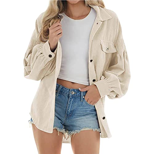 Cordjacke Damen Langarm Cordhemd Button Down Hemdjacke Corduroy Jacket Musselin Bluse Casual Hemd Bluse Herbst Winter Freizeithemd Loose Cord Shacket Jacke Warme Übergangsjacke Kordjacke Herbstjacke von FGUUTYM