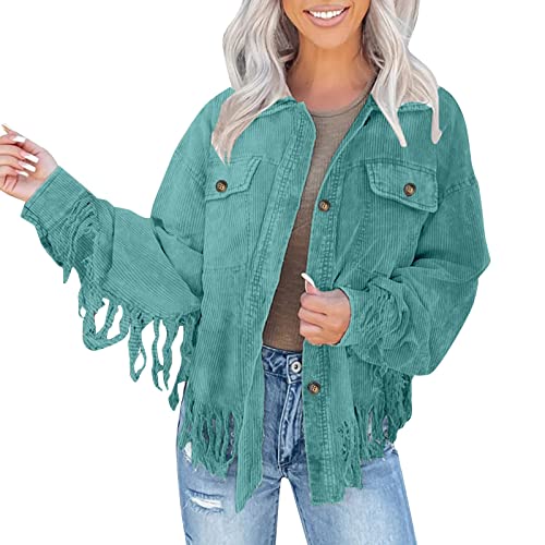 Cordjacke Damen Langarm Cordhemd Fransenjacke Button Down Corduroy Jacket Herbst Winter Freizeithemd Übergangsjacke Hemdjacke Casual Hemd Bluse Loose Cord Shacket Jacke Warme Kordjacke Herbstjacke von FGUUTYM