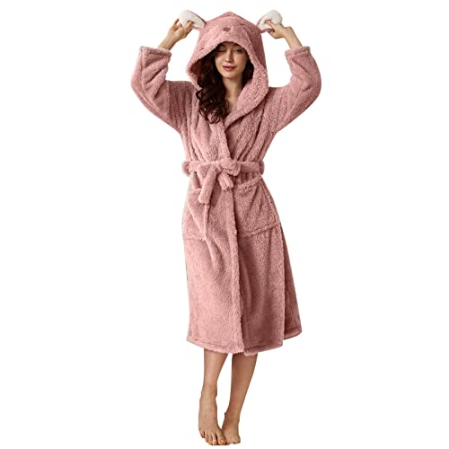 Damen Bademantel flauschig, Kuschel Fleece Morgenmantel Mit Kapuze Winter Warm Nachtwäsche bär Kimono V-Ausschnitt Saunamantel Lang Women Plüsch Robe Negligee Schlafanzug Pyjama Nachthemd Nachthemden von FGUUTYM