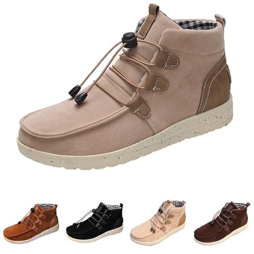 Damen Gefütterte Winterstiefel Klassische Wildleder Schnürstiefel Flache Retro Stiefeletten Boots Fluffy Warm Winterschuhe Plus Samt Komfort Thermostiefel Wasserdicht Rutschfest Schneestiefel von FGUUTYM