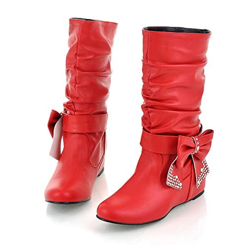 FGUUTYM 37-42Winter Warme Leder Westernstiefel,Halbhohe Stiefeletten Mit Bowknot,Winter Damen Stiefeletten,Halbstiefel Damenstiefel,Gefütterte Westernstiefel Damen,Damen Stiefeletten Schlupfstiefel von FGUUTYM